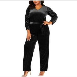 NY Collection Plus Size Belted Velvet Jumpsuit in Black Size 2XP
